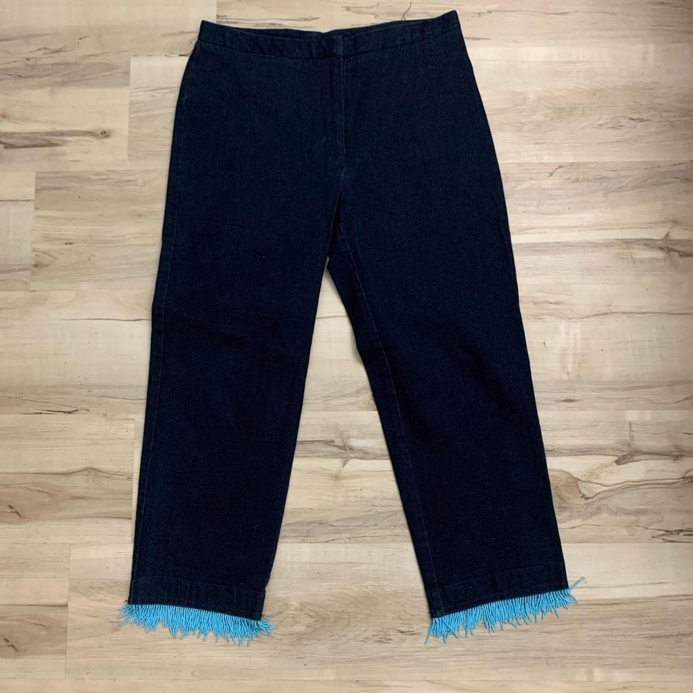 INC International Concepts Navy Blue Beaded Fringe Hem Straight Leg Jeans Size 8